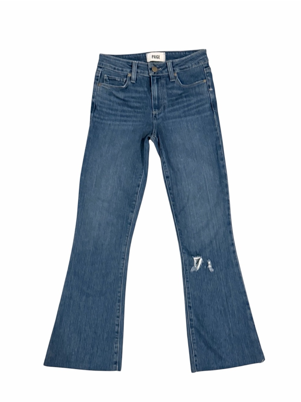New PAIGE Rory Crop Flare Jeans with Knee Distress size 24